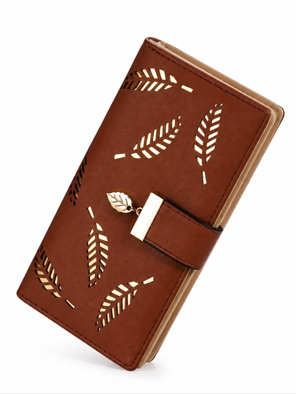Women's Long Leaf Bifold Wallet Cardholder Zipper Brown